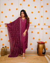 Wine Viscose Chanderi Embroidered Salwar Suit With Pant Dupatta